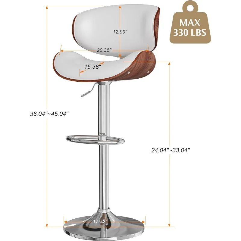 Conjunto de bancos de bar giratórios e ajustáveis, 4 unidades, branco, moderno, couro pu, altura de balcão, cadeira de bar com encosto e apoio para os pés para cozinha