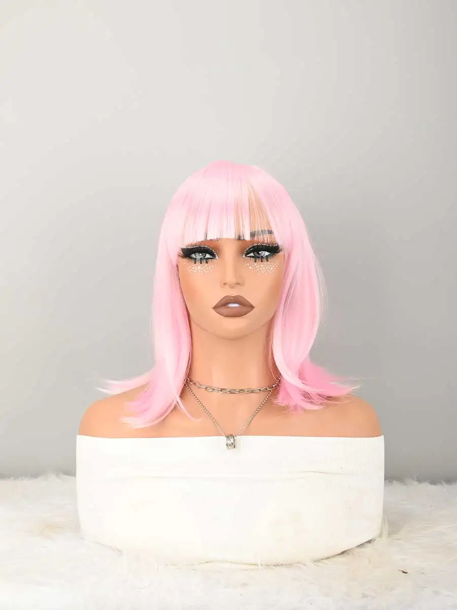 

pink Wigs with Bangs Straight Short Wigs for Women Synthetic Red Wig for Cosplay Women Funny Wig for Party Halloween Daily Wear Anime Costume Events