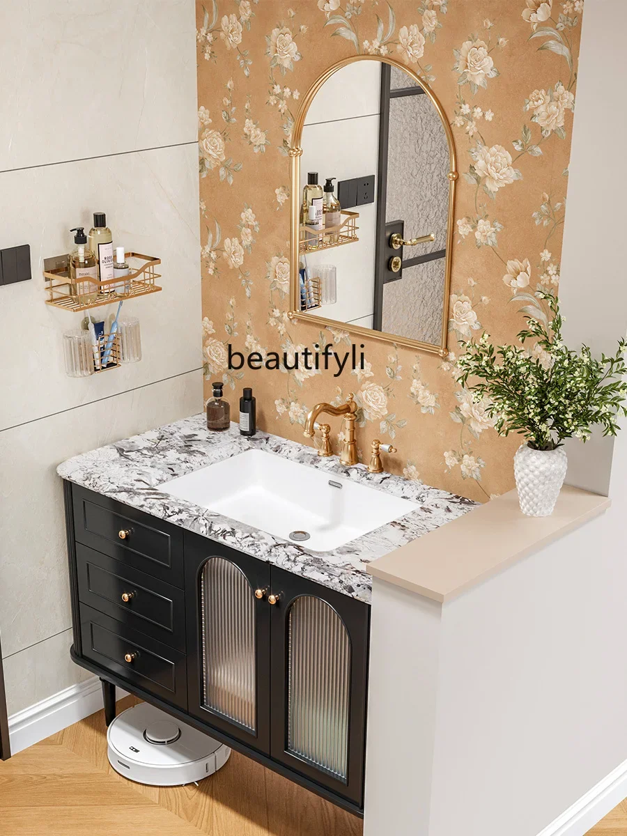 

Natural Luxury Stone Ceramic Drop-in Sink French Rubber Wood Bathroom Cabinet Combination Bathroom Table Washbasin