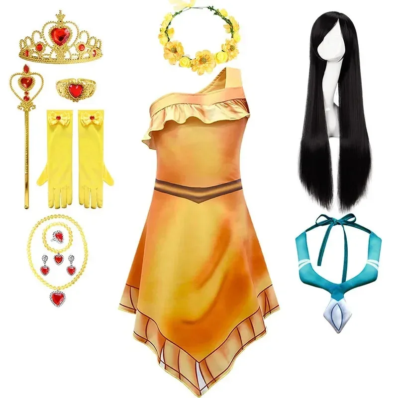 QQ 123 แฟนซีสาวเซ็กซี่เจ้าหญิงโพคาฮอนตัสเครื่องแต่งกายเด็กอินเดียคอสเพลย์เด็กฮาโลวีนเครื่องแต่งกายชุดวิกผมคอ