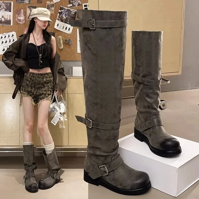 Botas vaqueras vintage apiladas, botas de cowboy, botas altas de verano, nuevas botas largas de primavera y otoño, elegantes y minimalistas con punta redonda.