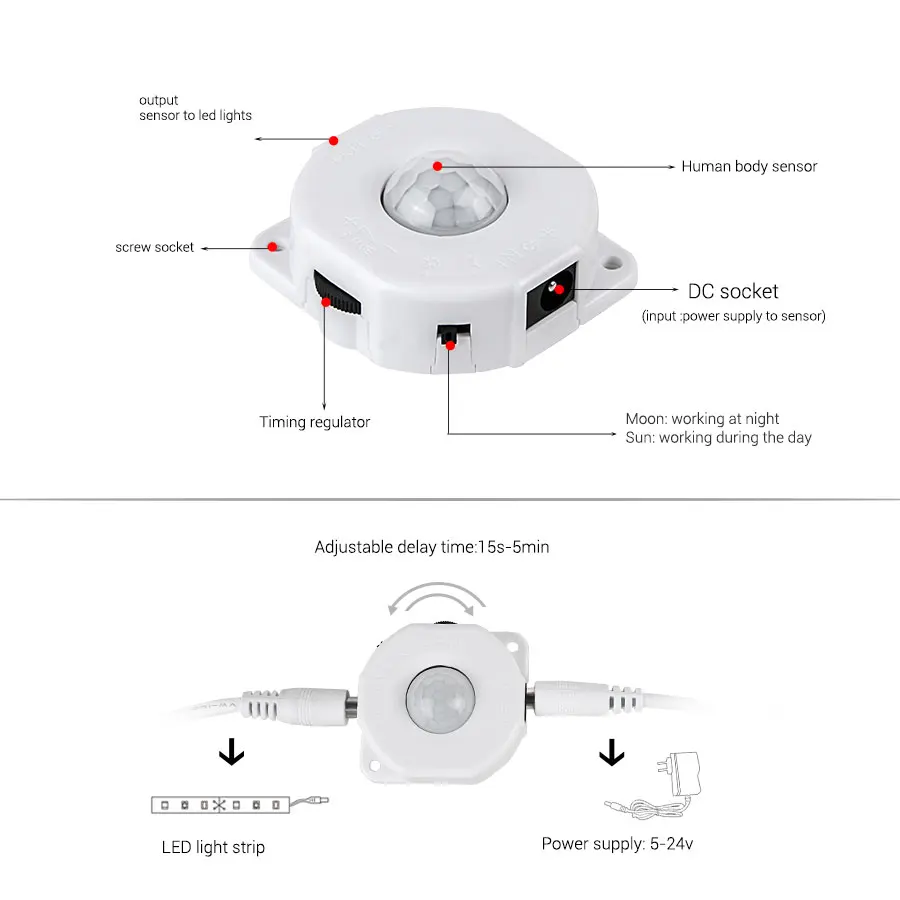 5V 12V 24V Human Body Sensor PIR Motion Movement Detector Activated Switch Automatic ON OFF Home Corridor LED Strip Light Switch