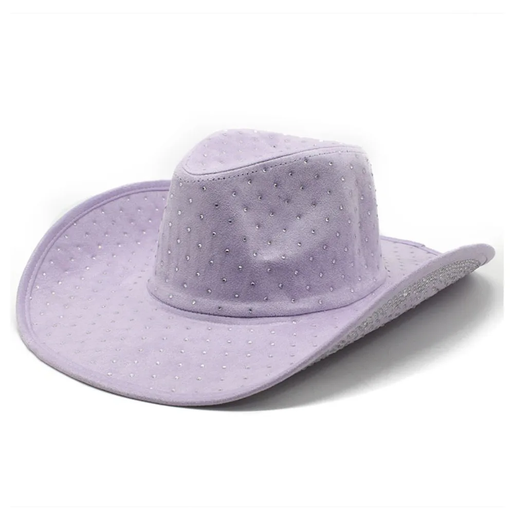 Large Brim Western Cowboy Hat Glitter Finish Rhinestone Decor Panama Cowboy Hat Sun Protection Solid Color
