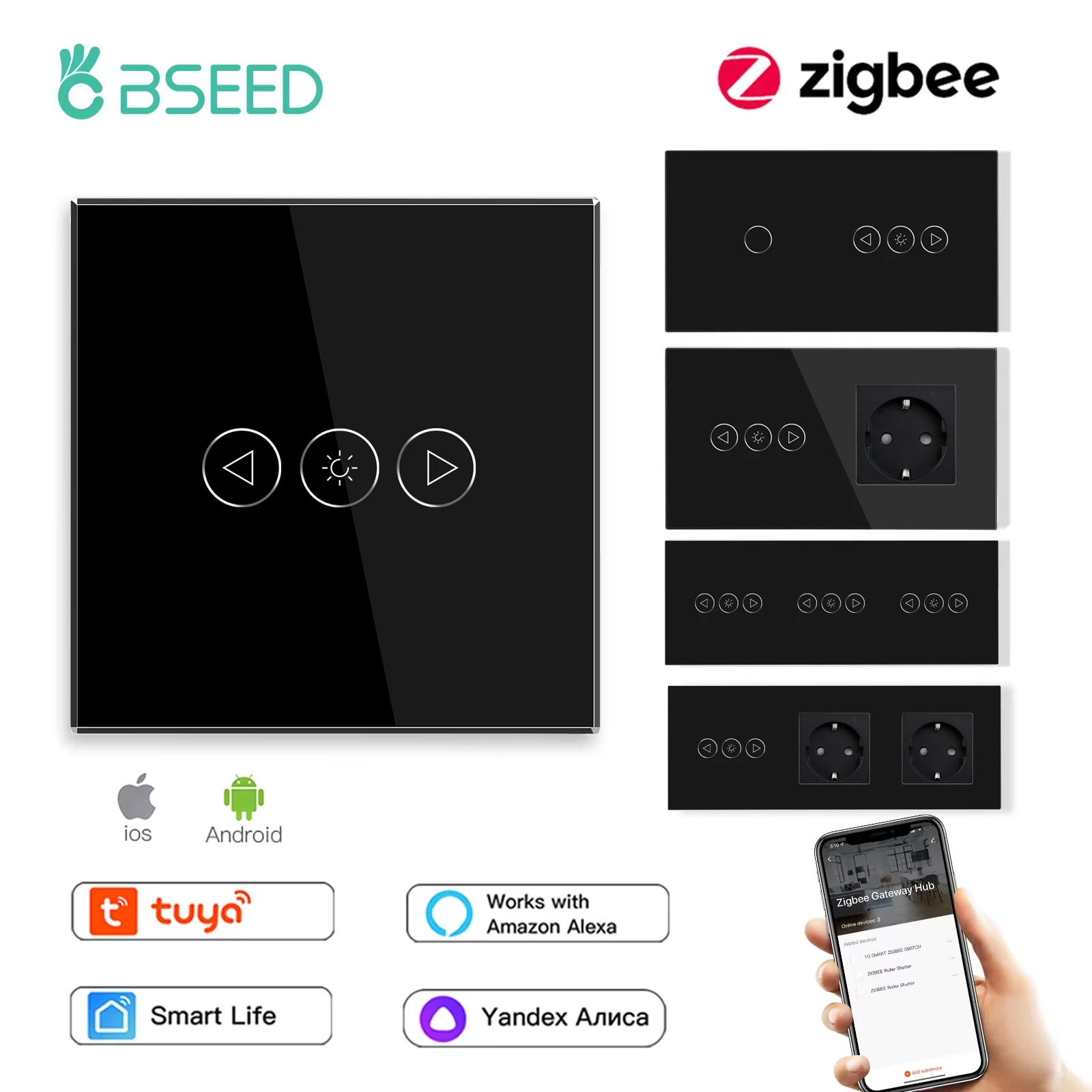 BSEED Zigbee Touch Dimmer Switches Smart Light Switch Tuya Smart Life Control Plus EU Power Sockets USB Type-c Glass Panel