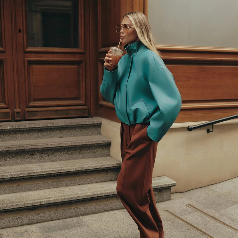 Übergroße Kunstlederjacken für Damen, Streetwear mit Stehkragen, Langarm, Gerüscht, Einfarbig, Locker Sitzende Mäntel, Schicke Damen-Oberbekleidung – Detail 9