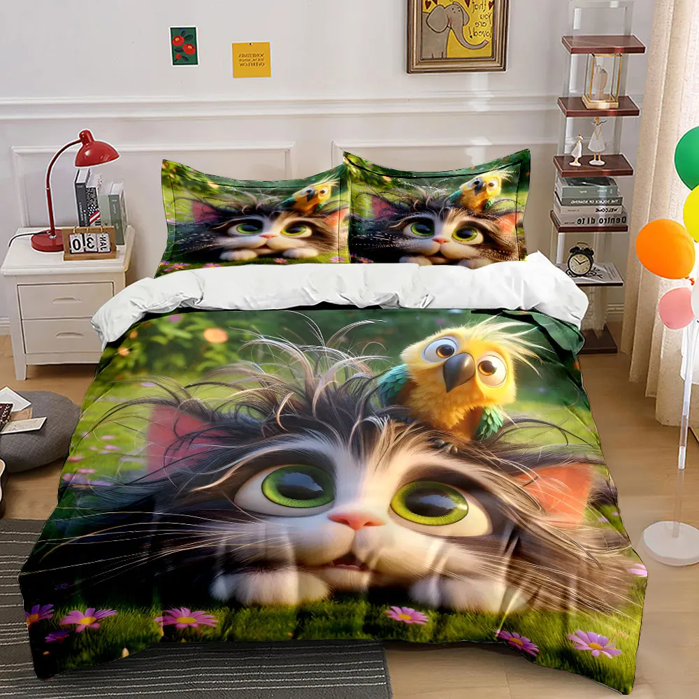 Cat and Adorable Bird Companion Print Bedding Set 1 Duvet Cover 2 Pillowcases for Adult and Children Luxury Gift Full Size