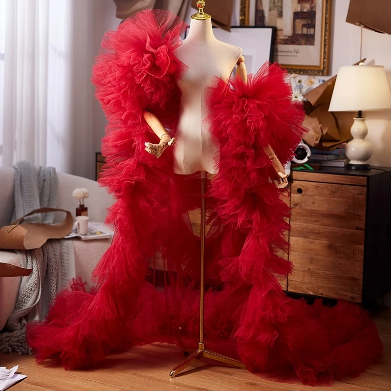 

Red Mesh Shawl Design Sense Tulle Cape New Host Evening Dress Accessories Luxurious Trailing Accessories For Photo