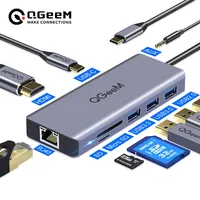 QGeeM USB C Hub for Macbook Pro Air HDMI VGA Micro SD Card Readers RJ45 Aux PD OTG Multi USB Hub Type C 3.0 Adapter for Notebook