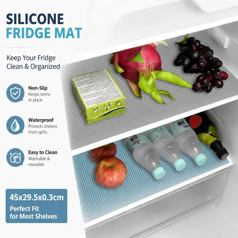 Silicone Fridge Mat Non-Slip Waterproof Refrigerator Shelf Liner Cabinet Drawer Pad Washable Protector, 45x29.5x0.3cm, Food