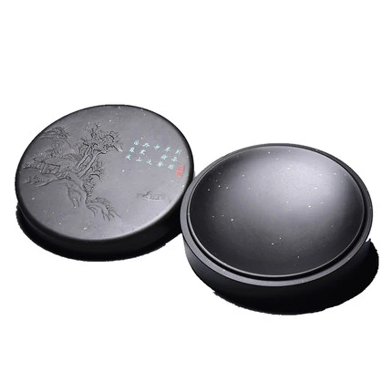 She Yan Ink Stone Chinese Calligraphy Round Inkstone  Natural Stone with Cover