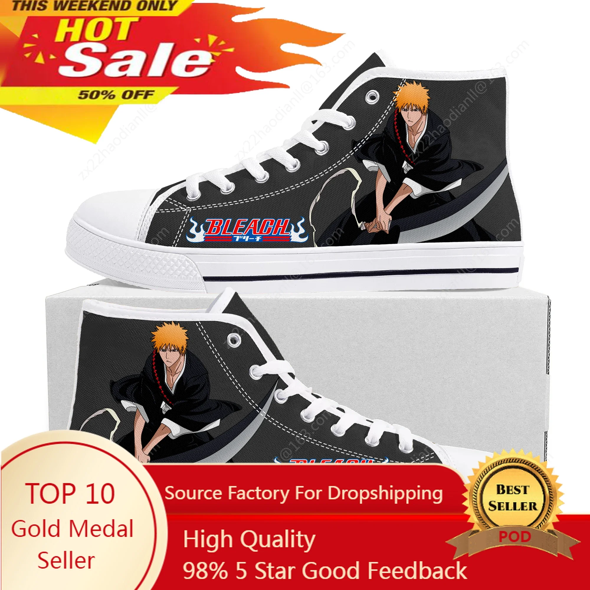 

Hot Anime Bleach Kurosaki Ichigo High Top Sneakers High Quality Mens Womens Canvas Sneaker Casual Couple Shoes Custom White Shoe