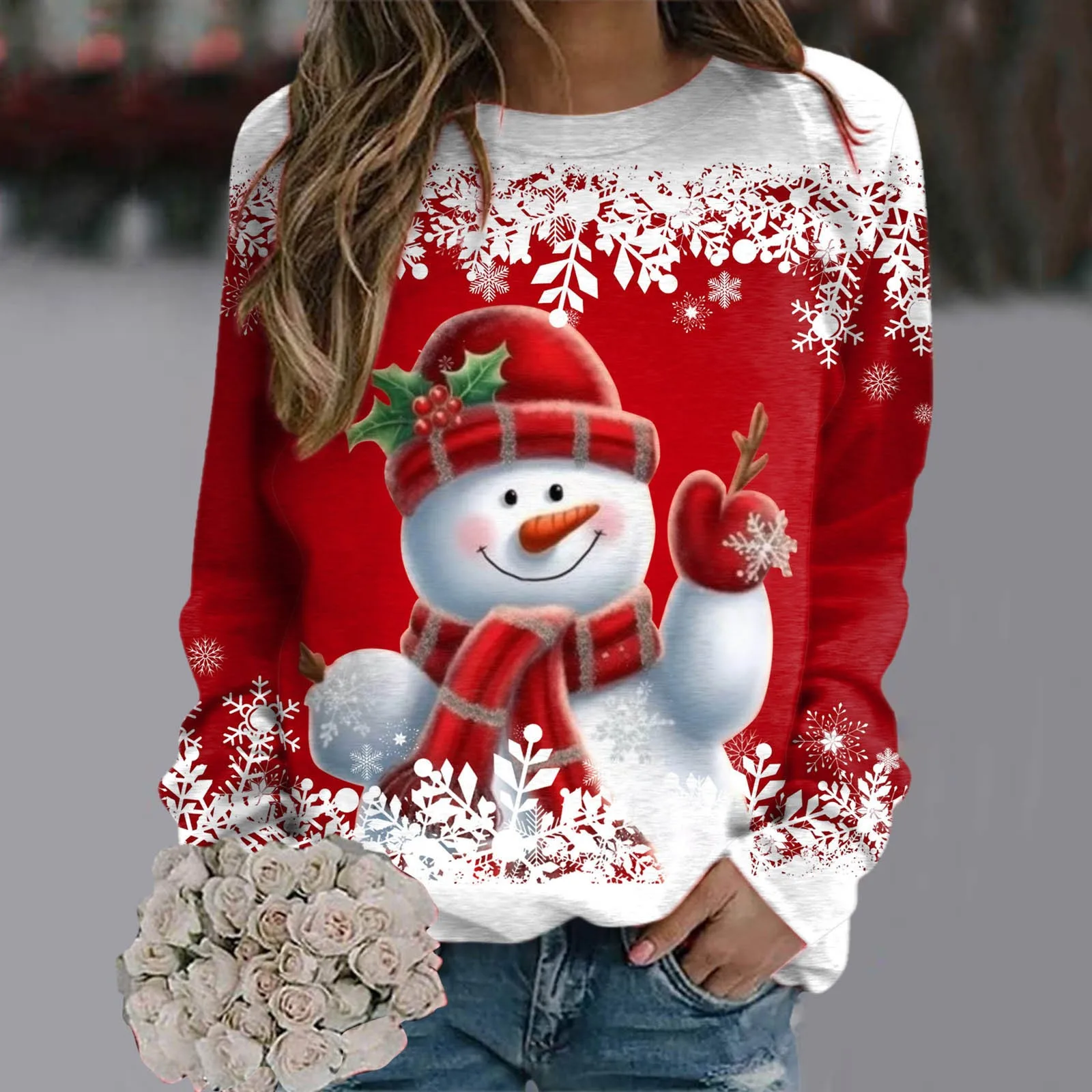 

Merry Christmas Snowman Print Loose Sweatshirt Round Neck Casual Long Sleeve Pullover Tops Women Autumn Winter Fleece Hoodie