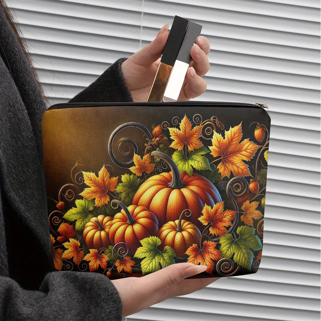 A Pumpkin and Fallen Leaves Designed Makeup Bag - Multifunctional Large Capacity Portable Makeup Bag,