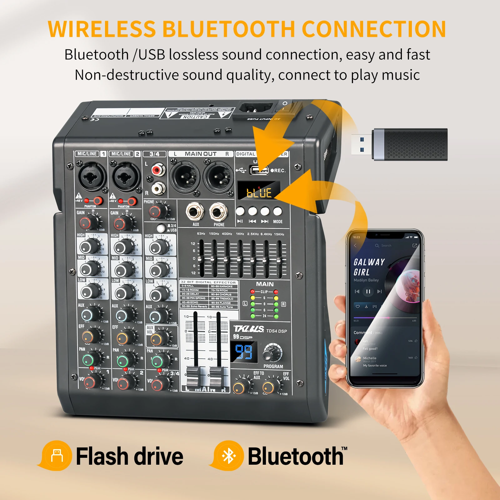 TKLBLS TDS4 خلاط 4 قنوات USB Mp3 متوازن 48 فولت 99 تأثيرات Fx 110-240 فولت
