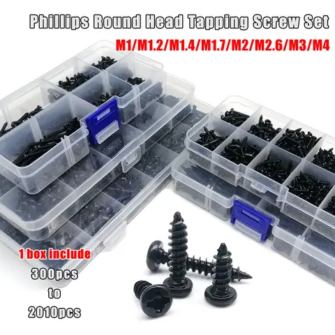 1 scatola Mix M1 M1.2 M1.4 M1.7 M2 M2.6 M3 M4 Acciaio nero Mini Micro Croce Phillips Testa tonda Pan Kit di viti per legno autofilettanti