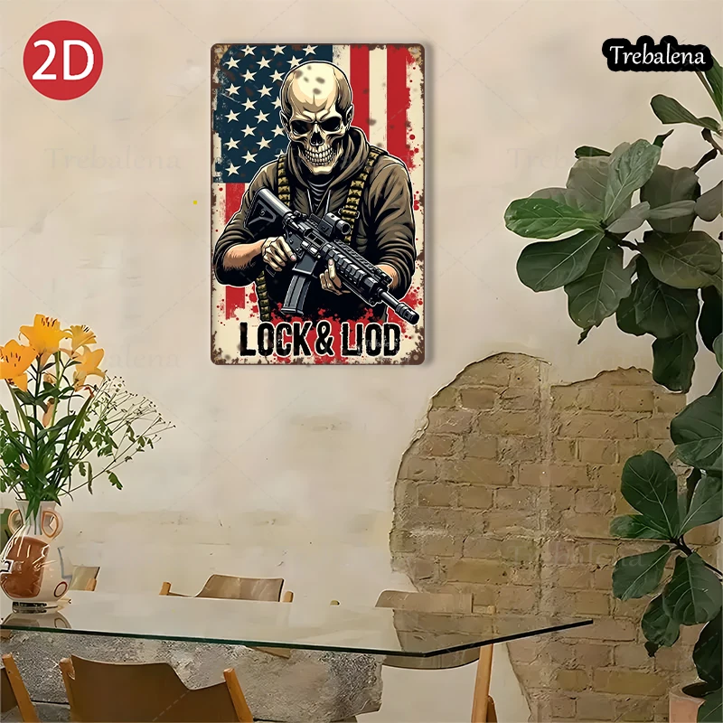 1PC 2D Flat 8*12inch Metal Sign Skull Soldier Lock and Load American Flag Art