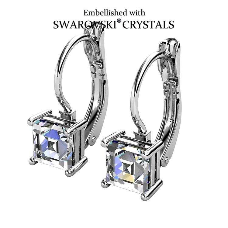 Daisini Square Charm Hoop Earrings Embellished with Swarovski Crystals Princess Cut Sparkling for Women 18K Gold Plated Jewelry