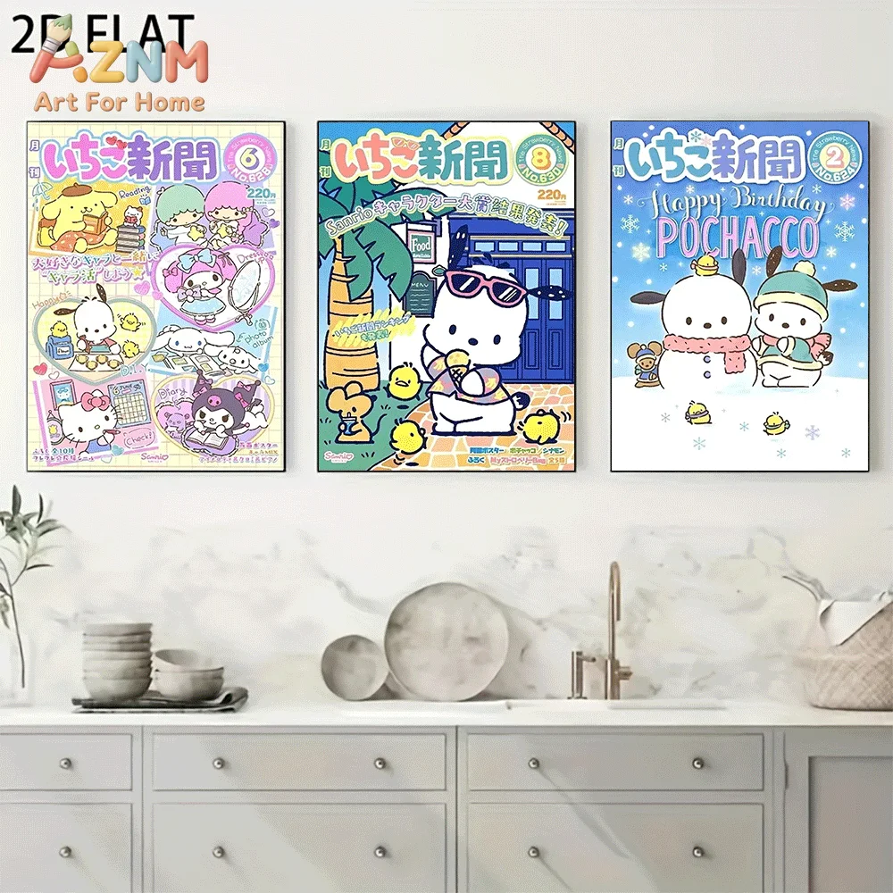 AZNM Sanrio Pochacco Canvas Wall Art Unframed Cute Cartoon Magazine Cover Summer Winter Birthday Theme Print Painting Bedroom Ho