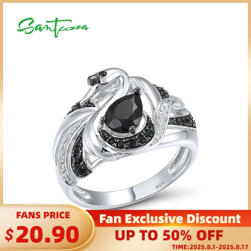 

SANTUZZA Genuine 925 Sterling Silver Rings For Women Black Spinel White Cubic Zirconia Swan Ring Elegant Trendy Fine Jewelry