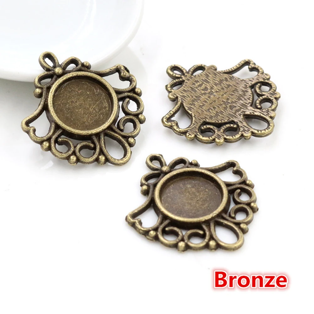 20pcs 12mm Inner Size Antique Silver Plated and Bronze and Black Colors Fashion Style Cabochon Base Cameo Setting Charms Pendant