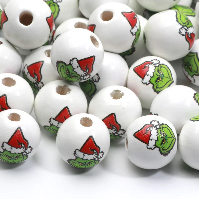 15mm 10pcs Christmas Hat Green Monster Natural Wood Beads For Jewelry DIY Making Bracelets Necklace Earrings Party Customization