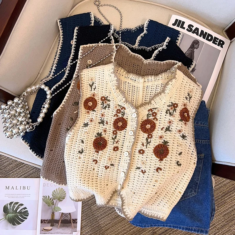 Colete Tricotado Feminino com Bordado e Recortes, Moda Casual de Outono, Ajuste Solto em Poliéster