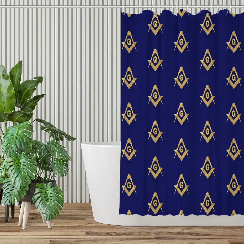 Gold Blue Square & Compass Masonic Shower Curtains Freemason Waterproof Fabric Funny Bathroom Decor with Hooks Home Accessories