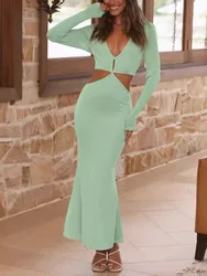 Mozision Hollow Out Long Sleeve Maxi Dress For Women Gown Fashion Backless Bodycon Sexy Long Dress Ladies Elegant Dresses