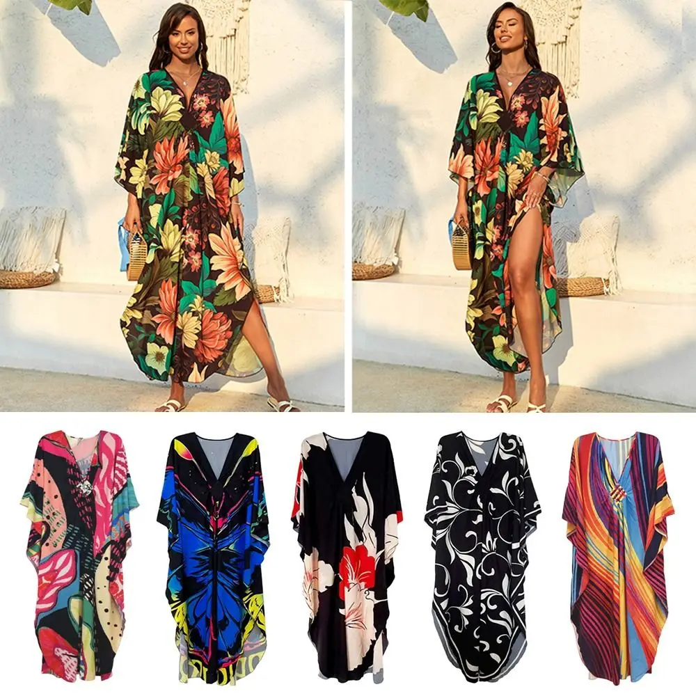 

Модное летнее платье-накидка с V-образным вырезом для защиты от солнца, свободного кроя, больших размеров, повседневное, для женщин