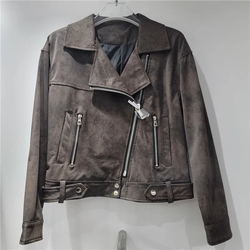 WTHT Vintage Mode Damen PU Leder Motorrad Kurze Jacke 2025, Sommer Trendy Lange Ärmel Zipper Mantel Weiblich 1LS2124