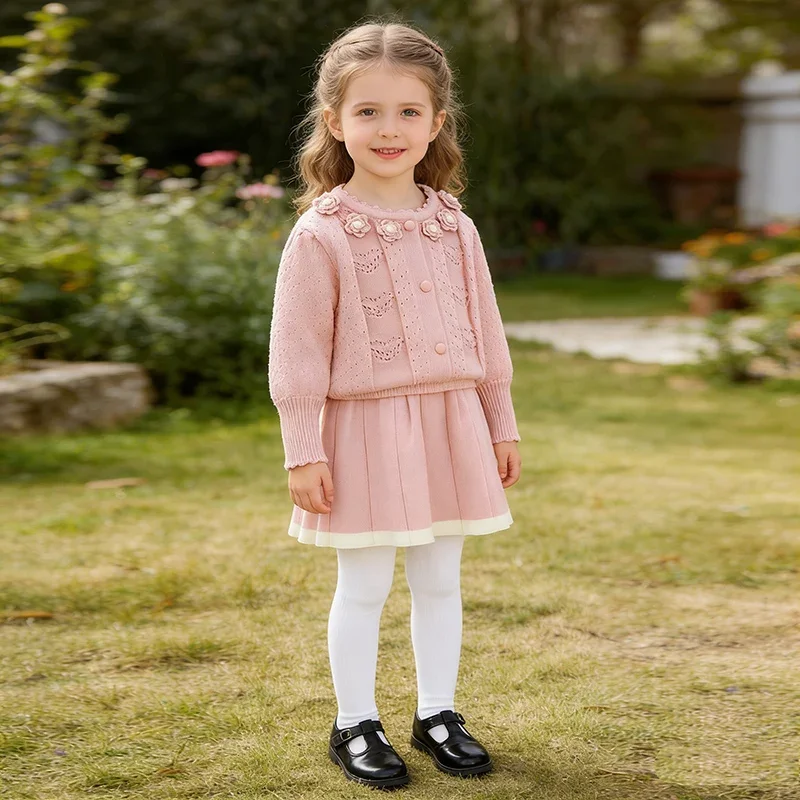 

2026 New Spring 2-6Yrs Children Knitted Clothes Set Kids Knitted Clothing Suit Long Sleeved Knitted Cardigan+Short Skirt