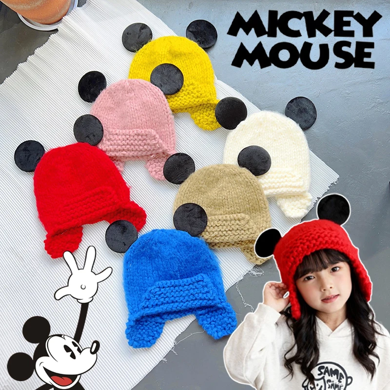 Disney Mickey Mouse Beanies Cartoon Anime Knitted Hats Autumn Winter Baby Soft Windproof Warm Caps Children Cute Earmuffs Gift