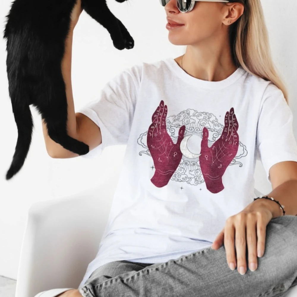 Mystyczne Koszulki z Grafiką Rąk Palmistry i Księżyca, Niebiańskie Okultystyczne Ciemne Czarownicze Gotyckie Koszulki Bawełniane Damskie Męskie