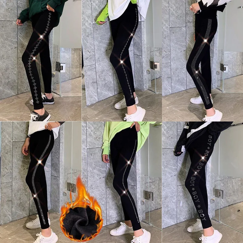 Leggings chauds en velours pour femmes, pantalon assorti avec strass, taille haute, épais, noir, Slim, à la mode, collection automne et hiver