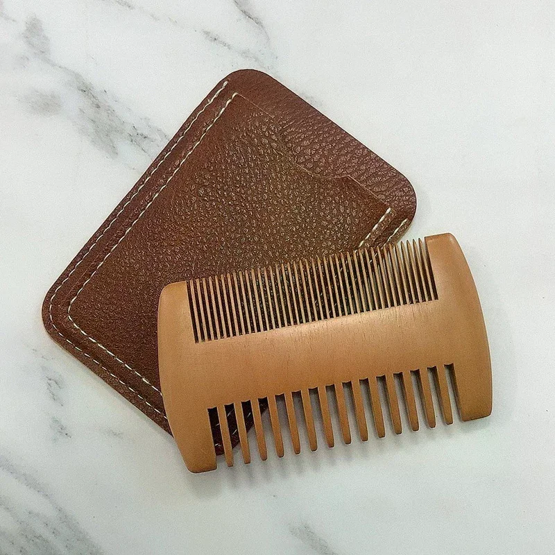 Natural Wood Hair Brush Beard Comb With PU Leather Case Anti-Static Mustache Pocket Comb Brushing Hair Care Tools For Men Gift