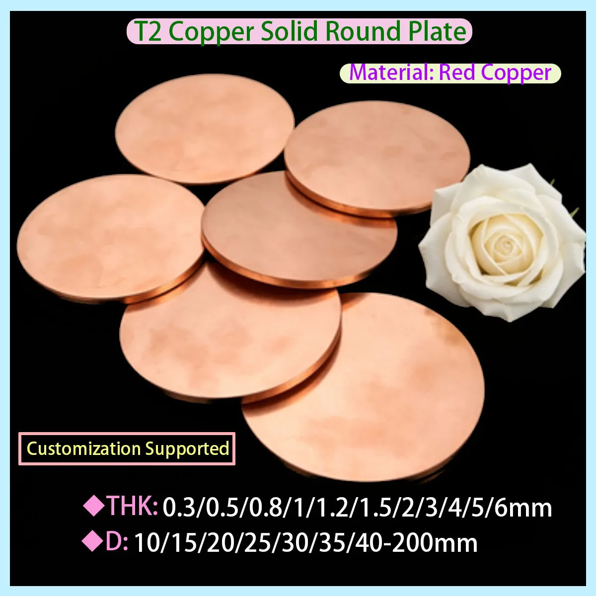 T2 Solid Pure Copper Circular Plate with A Diameter of 10 15 20 25 30 35 40 45 50-200mm and A Thickness of 2/2.5/3.3.5mm