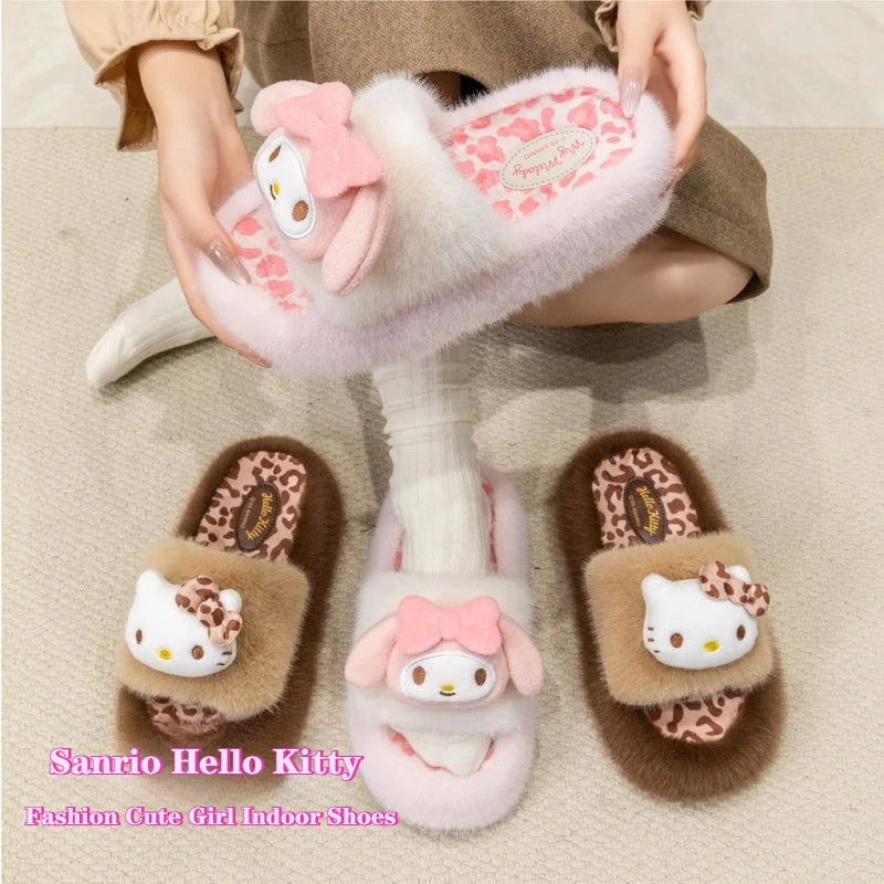 

Хлопковые тапочки Sanrio с героями мультфильмов «Hello Kitty», осенне-зимняя модная домашняя обувь для милых девочек, хлопковые тапочки, нескользящие размеры 36-41