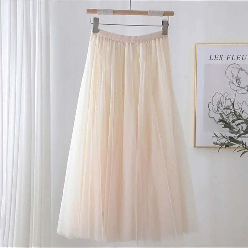 Hot Women Mesh Elastic Tutu Skirt Beach Spring Summer Korean High Waist Fashion Pleated Long Skirt Black White Tulle Skirts