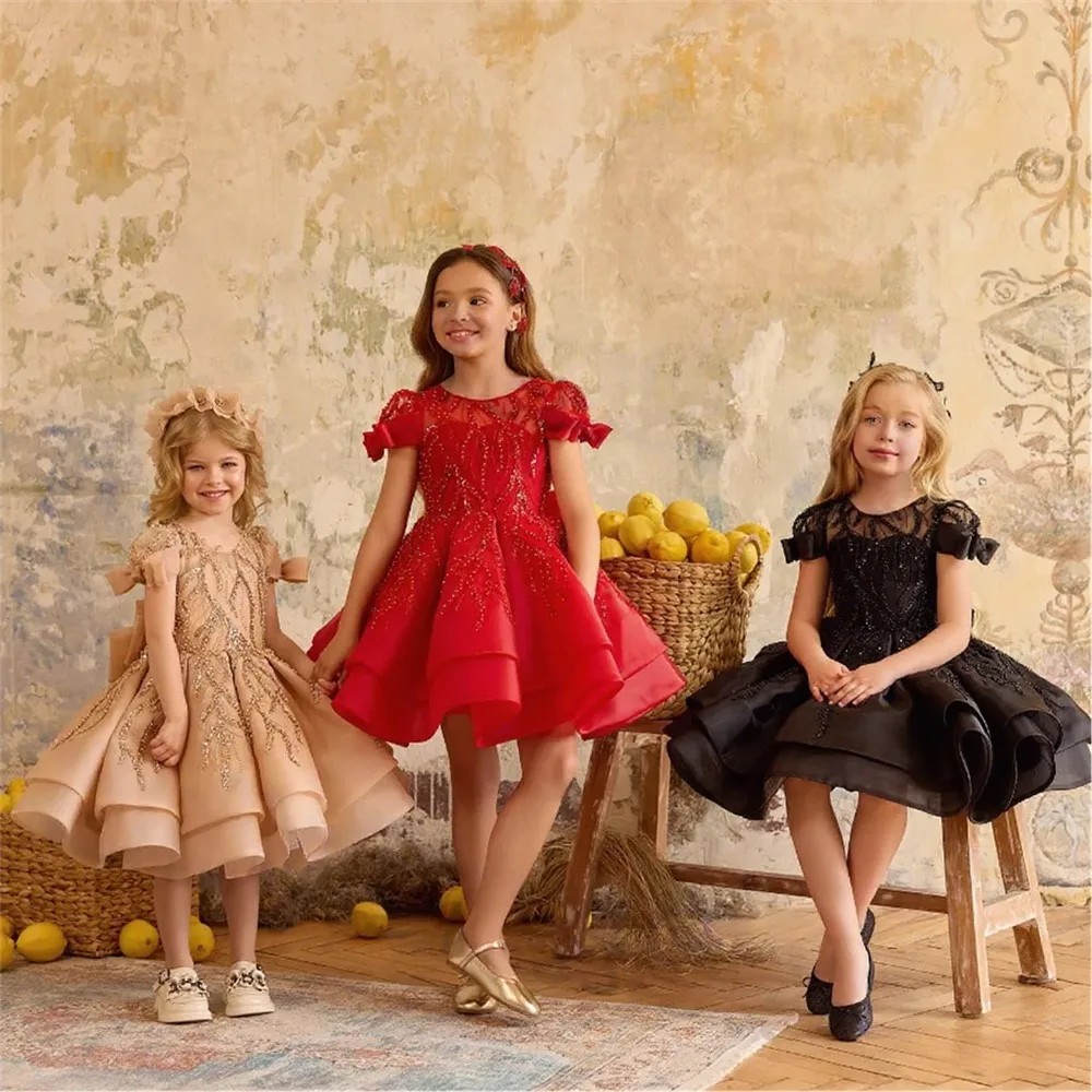 

Luxury Customized Flower Girl Dress For Wedding Puffy Appliques Sequins with Bow Tiered Kids Birthday Party First Communion Gown