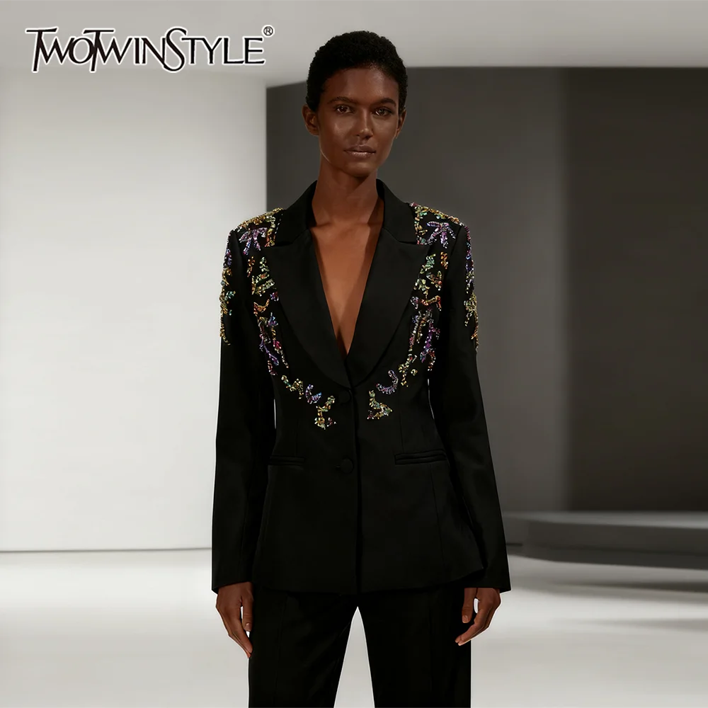 TWOTWINSTYLE Solid Slimming Spliced Beading Fashion Blazers for Women Lapel Long Sleeves Tunic Temperament Blazer Female Clothes