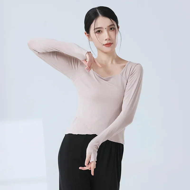 Modern dance design sense basic base dance top long sleeve slim fit solid color classical