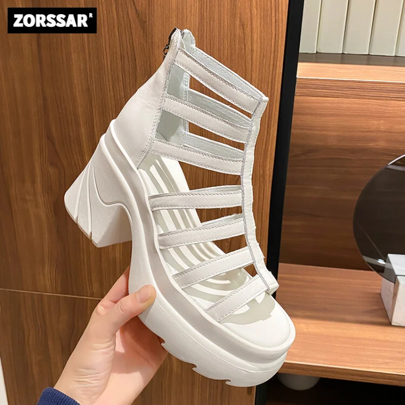 Sandalias de piel auténtica para mujer, sandalias con cierre lateral trenzado, antideslizantes, tendencia de verano, 2024