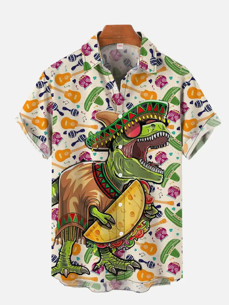 Cartaz de grafite havaiano masculino imprime camisa de manga curta, camisas coloridas, roupas estilo mexicano, moda, 2024