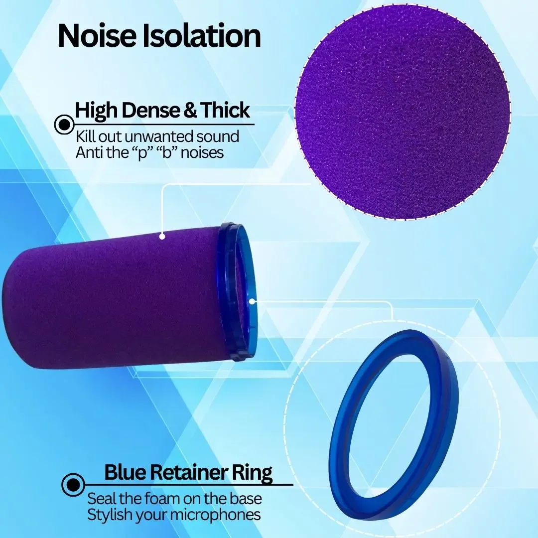 Violet Foam Mic Windscreen With Blue and Multicolor Retaining Ring Provides Professional Fit for SM7B and SM7dB Microphones