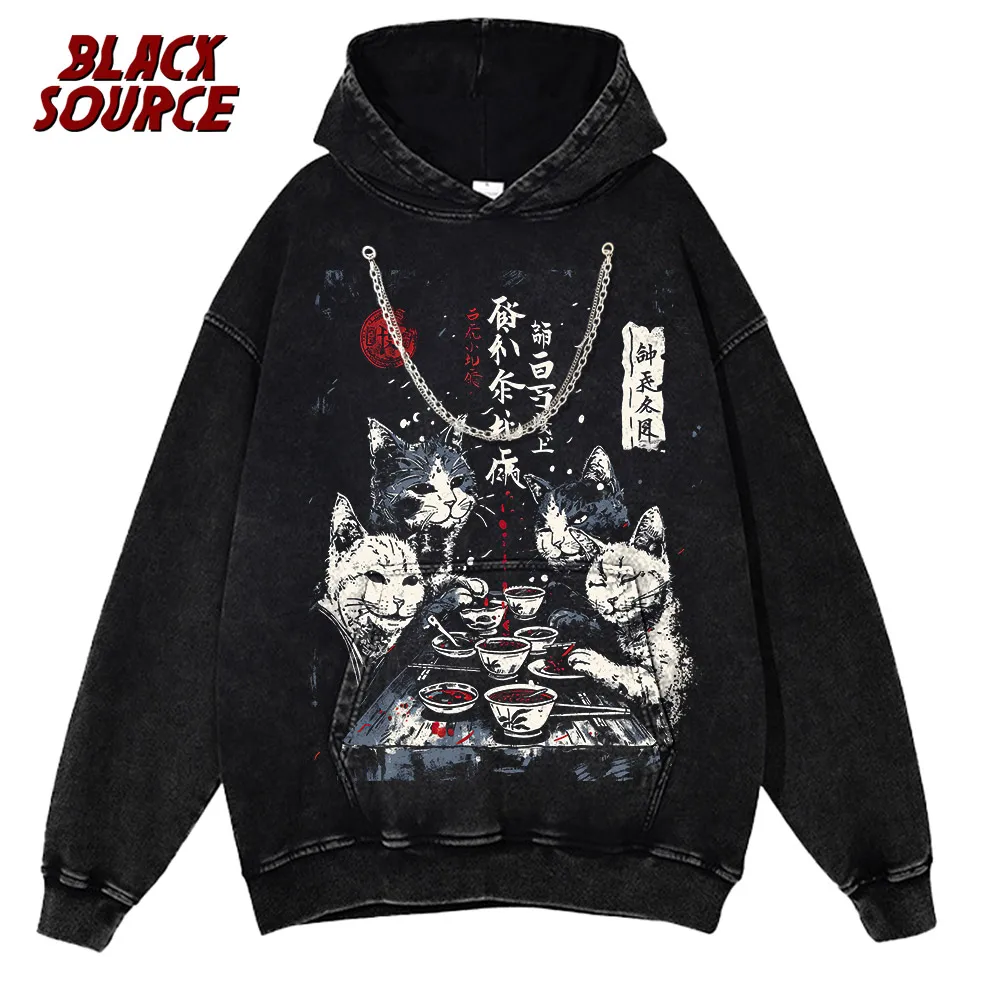 T497 Bai Men's Catman Red Moon Cat Graphic Hoodie, Japanese Streetwear Pullover Sweatshirt, Oversized Casual Urban Fashion