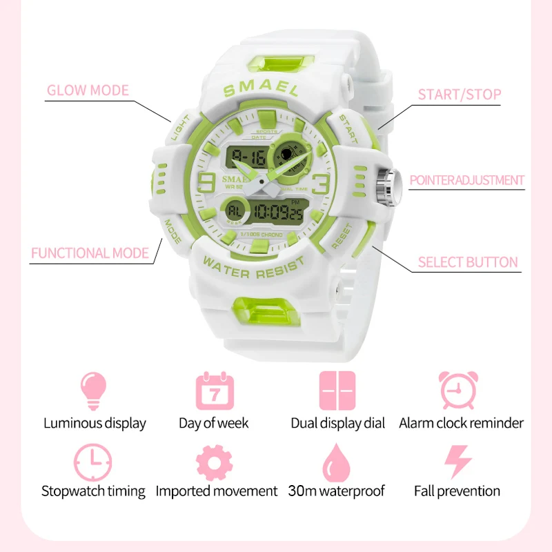 SMAEL Midsize Digital Watch Women Youth Vitality Multifunctional Sport Electronic and Quartz Wristwatch School Girl Stopwatch