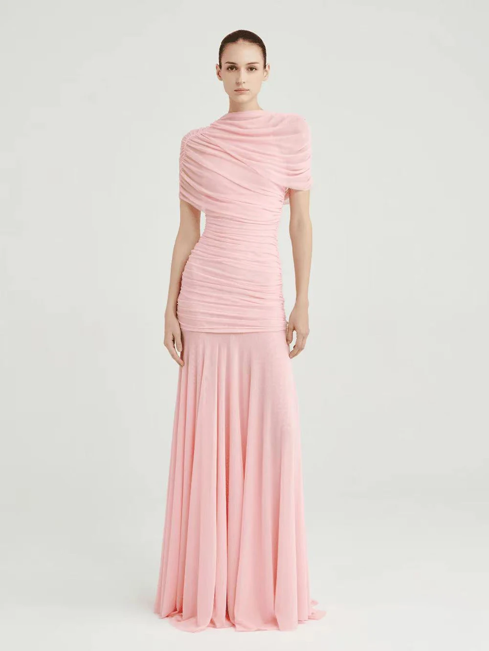 Modphy Elegant Vintage Spliced Ribbon Dresses for Women O Neck Shawl Sleeves Slim Folds Evening Luxurious Maxi Dress Female