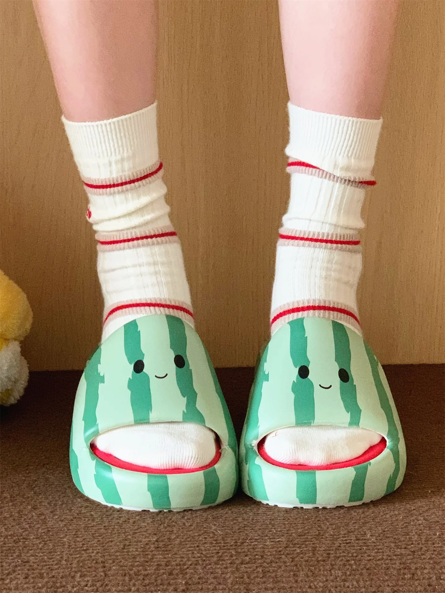 Cute Cartoon Watermelon Themed Slippers Thin Striped Outdoor Wearable EVA Thick Bottom Anti-Slip Summer Home Bathroom Slippers