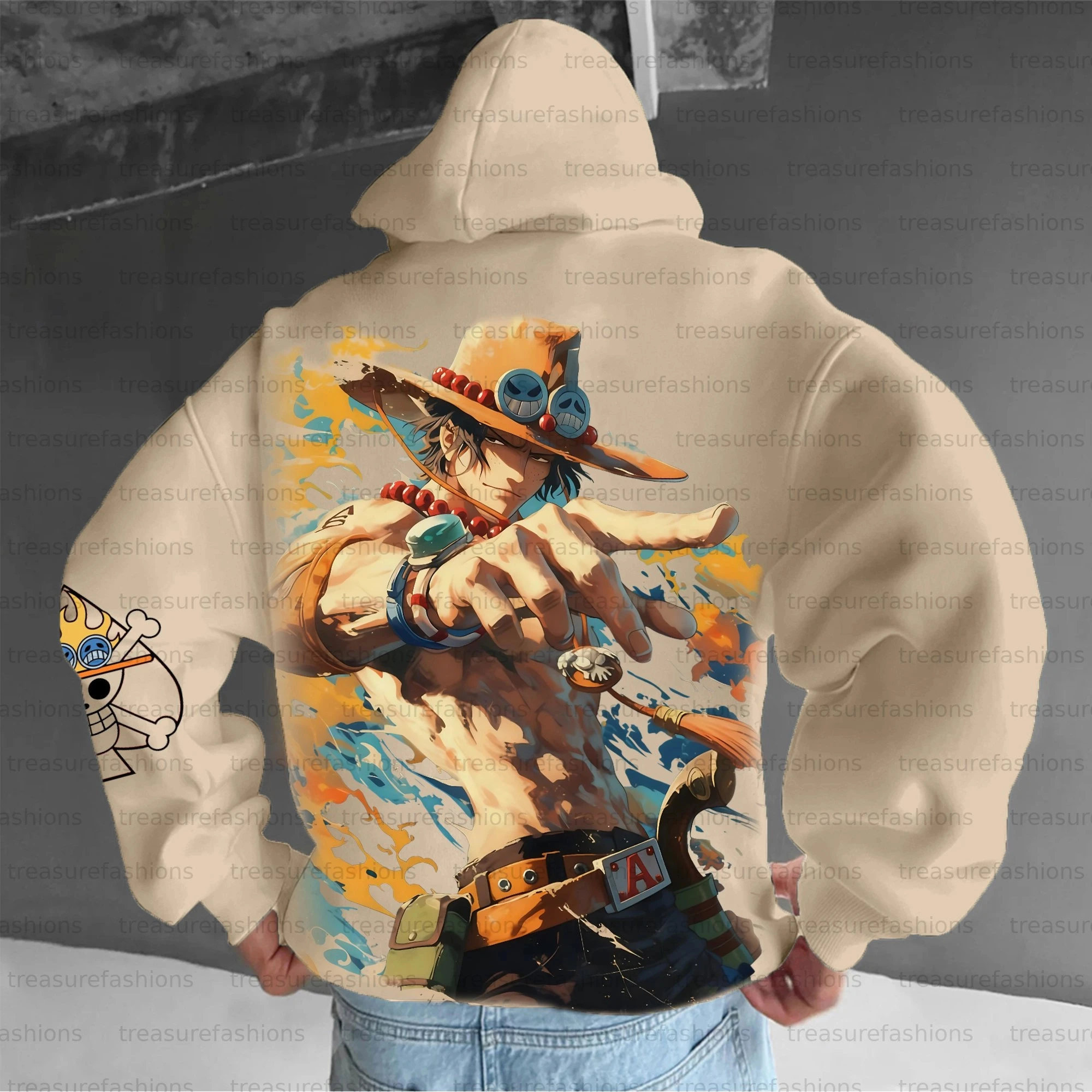 One Piece Fire Fist Ace Hoodie Portgas D Ace Beige Unisex Loose