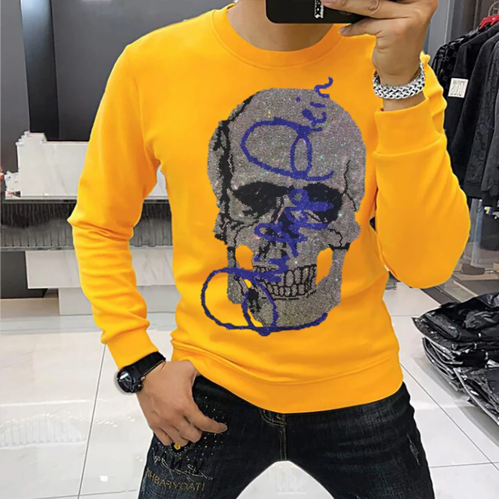 

Men's Streetwear Sweatershirts Winter New Design Skull Rhinestone Hoodie Plush Warm Man Clothing Handsome Hip-hop Bling Pullover